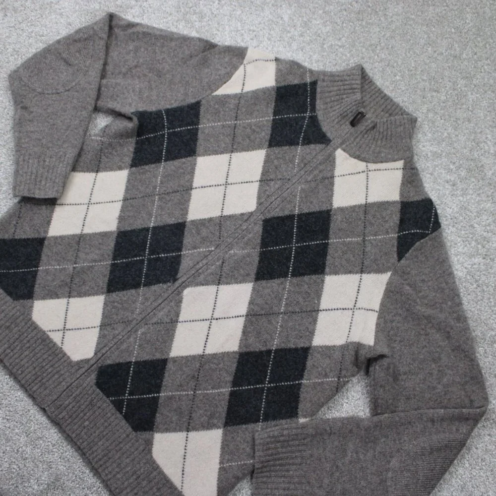J Crew Lambswool‎ Sweater Mens Large Gray/Blue Argyle Full Zip L/S Sweatshirt